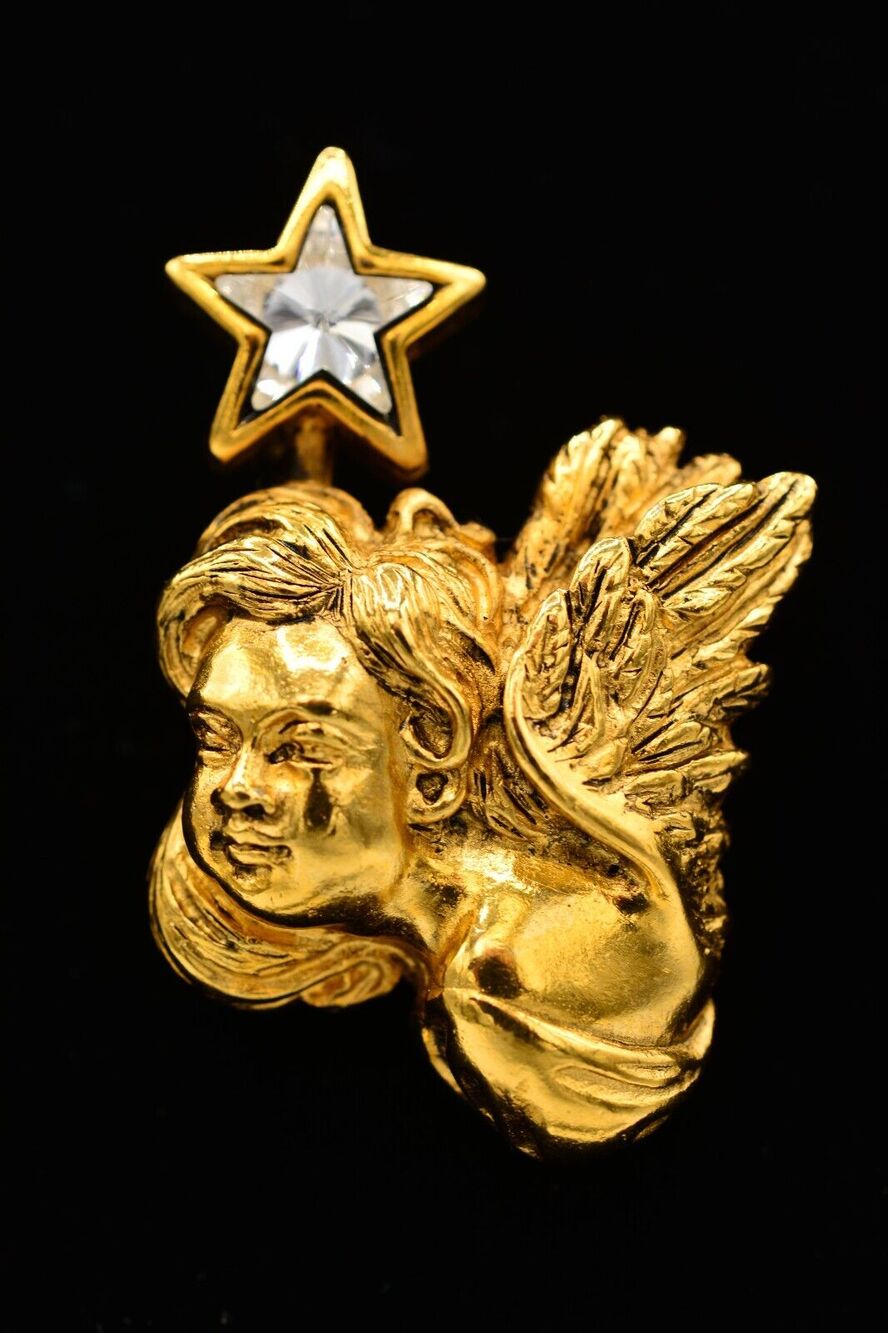Barrera Vintage Angel Pin Brooch Cherub Gold Star Crystal Heavy Signed 80s BinAJ